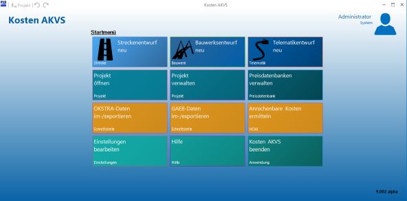 Startmenü des Programmes Kosten AKVS. Alles Wichtige im Zugriff.