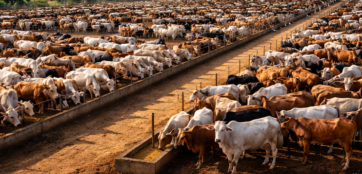 Tausende Rinder werden in großen Feedlots in Südamerika unter niedrigeren Standards als in der EU gehalten