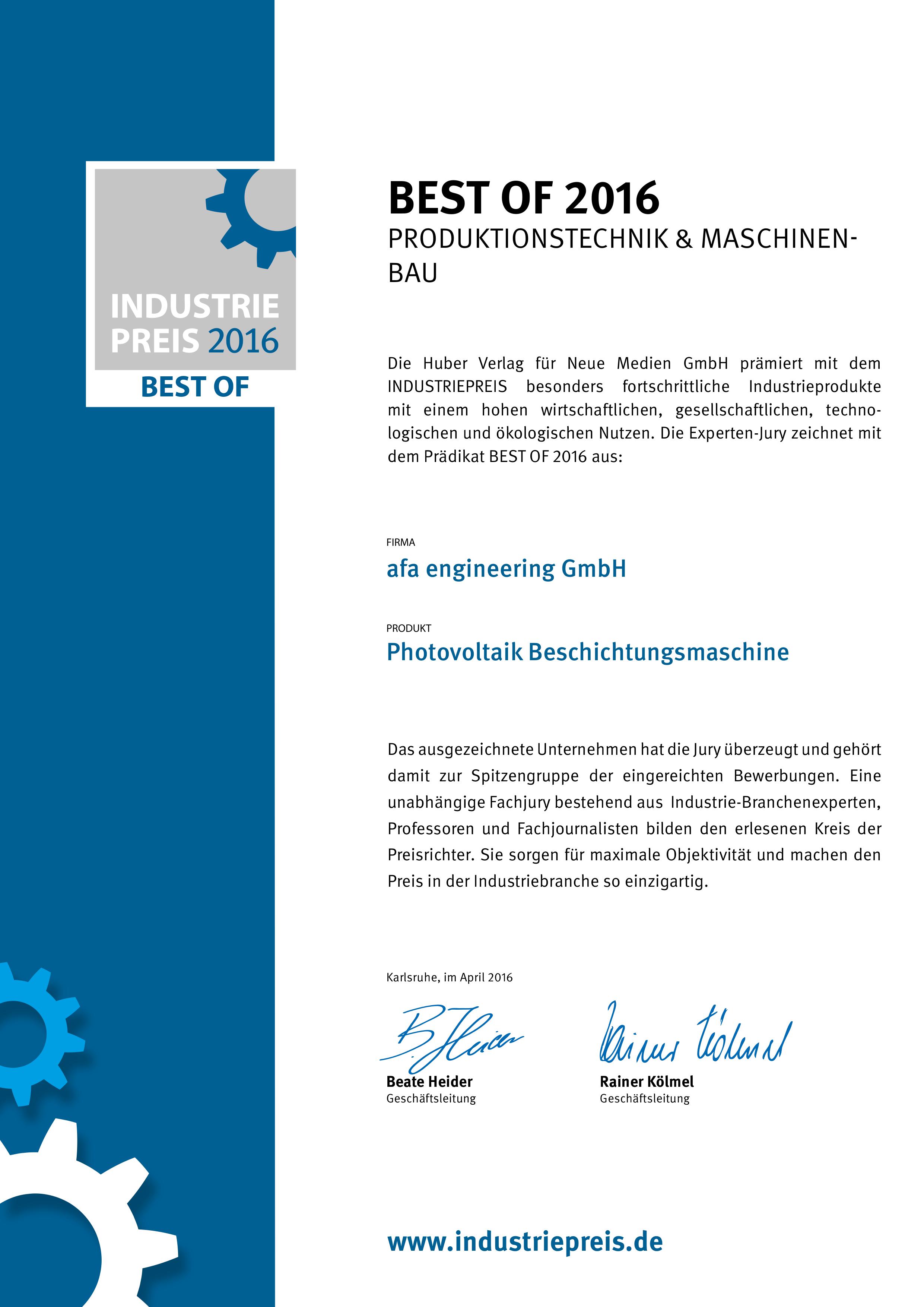 Industriepreis 2016 Zertifikat für HPC Solar Shield