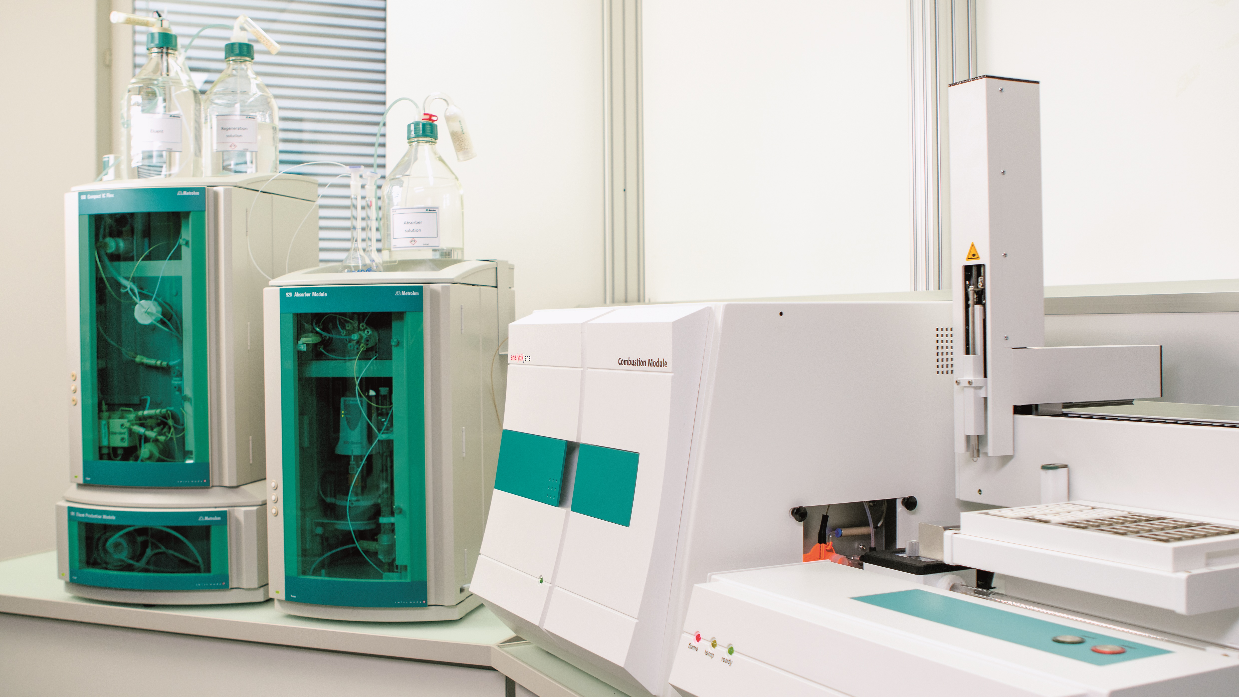 System für die Combustion IC (CIC) für die Analyse der Summenparameter AOF bzw. EOF im Labor der Metrohm AG. Das System wird vom Applikationsteam Ionenchromatographie für die Analyse von Kundenproben sowie Methodenentwicklung verwendet. Von links nach rechts: Das System besteht aus einem 930 Compact IC, 920 Absorber Module und einem Combustion Module (AJ). Copyright: Metrohm