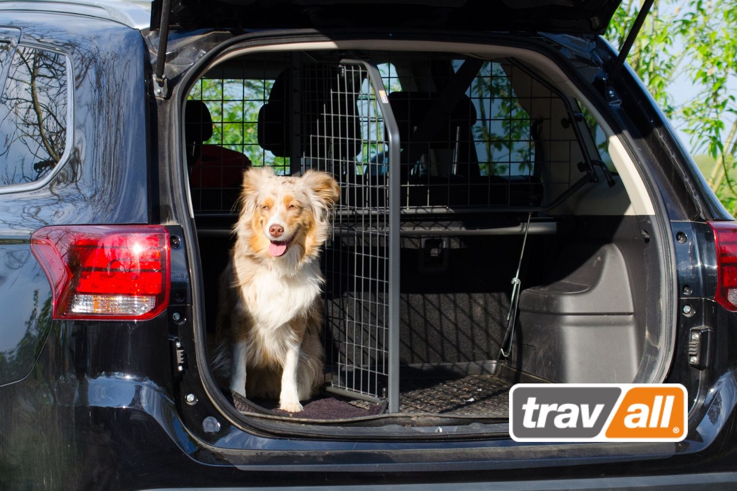 Hunde werden mit Travall Hundegittern effektiv im Fahrzeug gesichert. © Travall