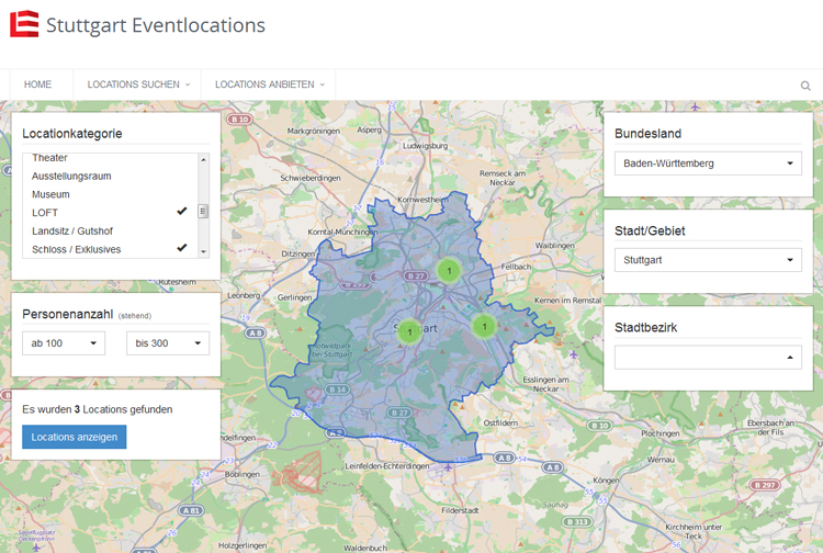 Umfangreiche Filterfunktionen helfen bei der Suche nach der passenden Location in Stuttgart