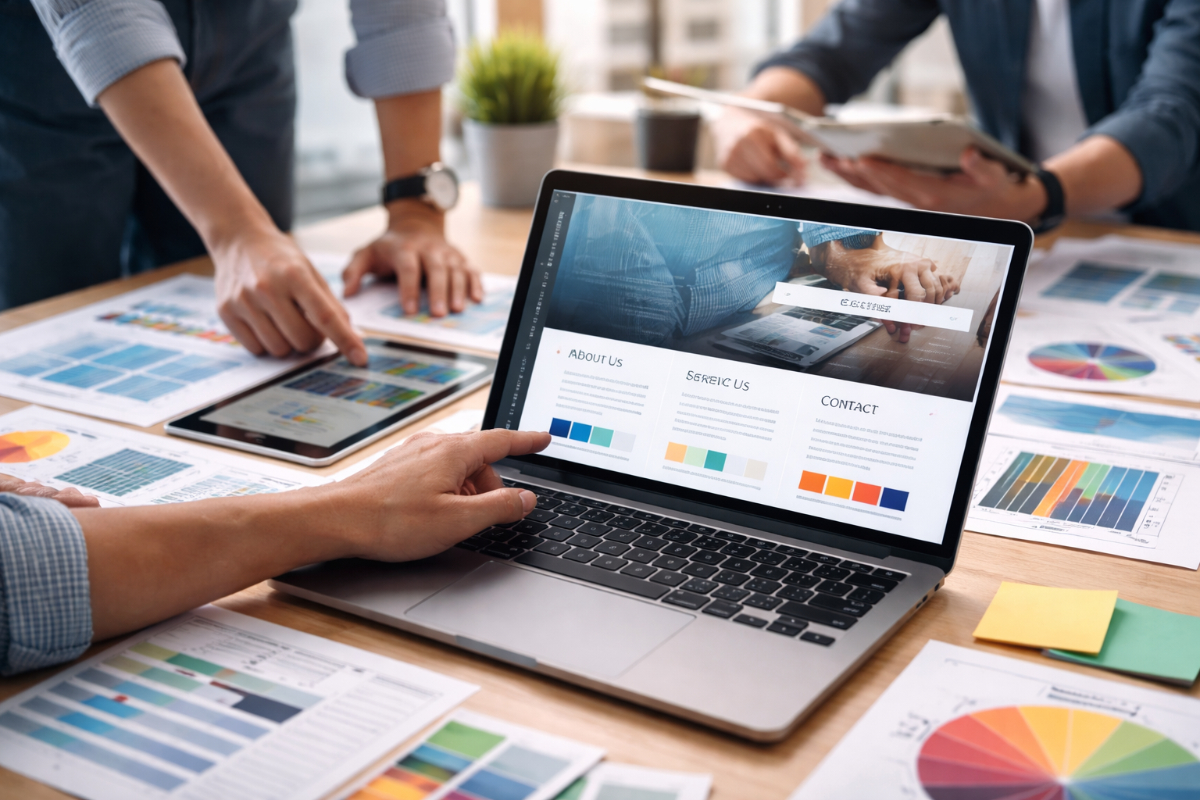 Team arbeitet gemeinsam an Webdesign Konzept mit Laptop, Tablet und Farbpaletten im modernen Büro